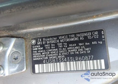 2003 BMW Z4 2.5I z USA, uszkodzony, nr VIN 4USBT33433LR60877